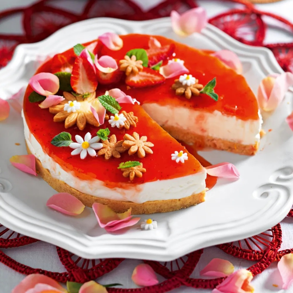 Υπέροχο cheesecake με μαρμελάδα ραβέντι και άρωμα τριαντάφυλλου
