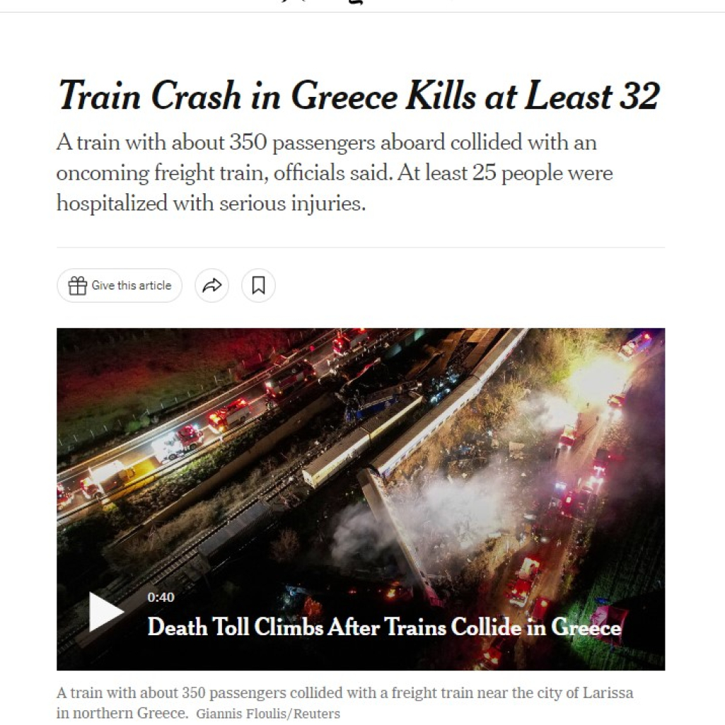 Σύγκρουση τρένων στα Τέμπη: Πρώτο θέμα στον διεθνή Τύπο η τραγωδία στη χώρα 