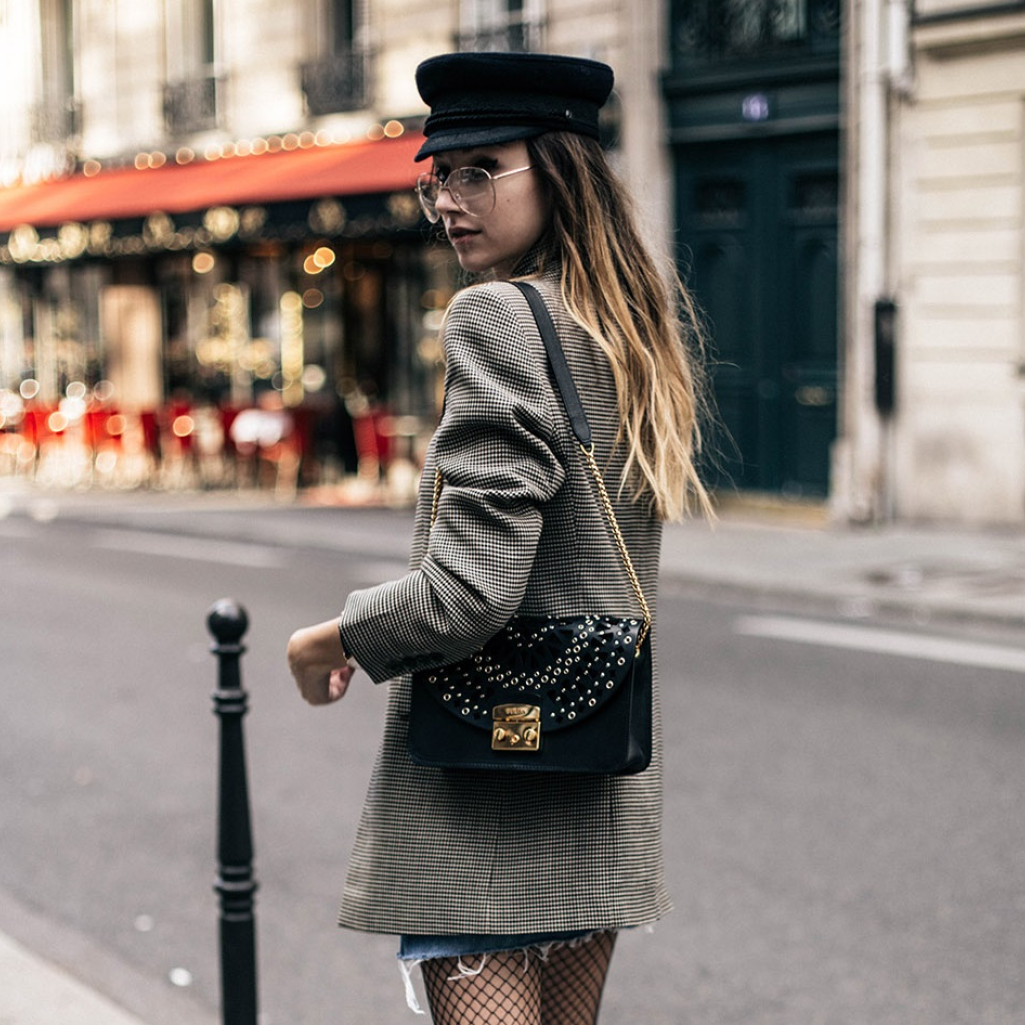 paris-fashion-week-street-style-parisian-sailor-cap-denim-mini-skirt-fishnet-tights-checked-blazer-chloe-similar-lace-up-boots-trends-2016-1.jpg
