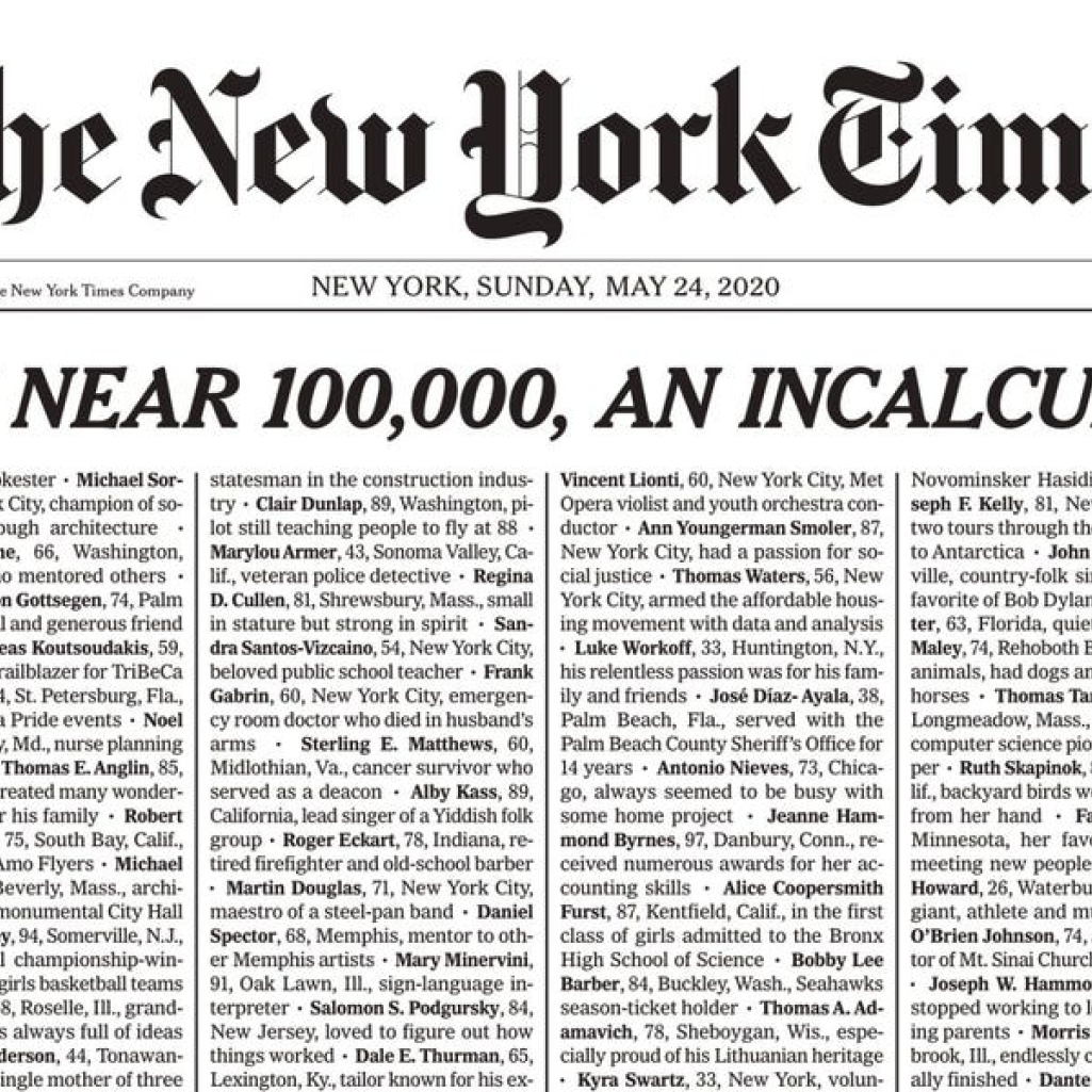 Το πρωτοσέλιδο των New York Times με τα ονόματα των νεκρών από κορωνοϊό συγκλονίζει