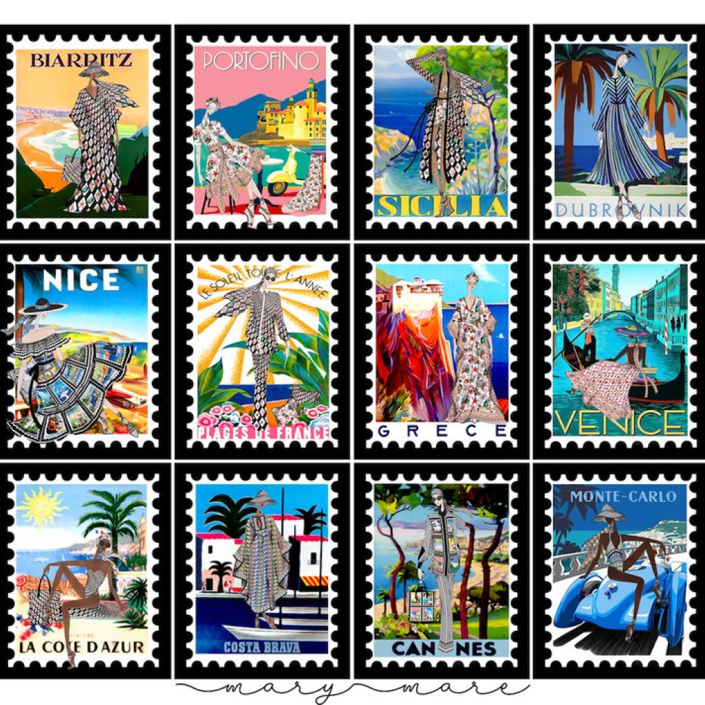 Κάννες, Νίκαια, Ελλάδα, Πορτοφίνο: Η νέα συλλογή της Mary Katrantzou τυπώνεται σε vintage γραμματόσημα ονειρεμένων καλοκαιρινών προορισμών