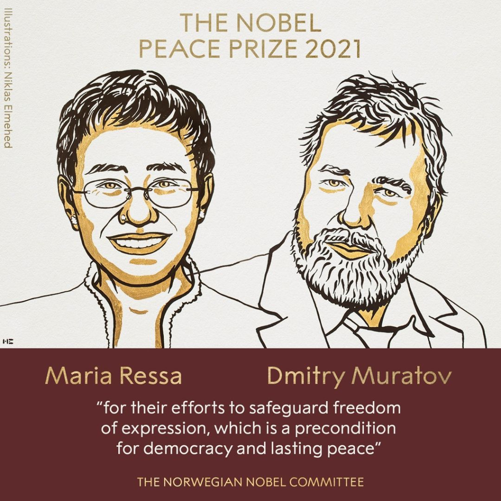 To Νόμπελ Ειρήνης 2021 απονεμήθηκε σε δύο δημοσιογράφους για τον αγώνα τους για τη δημοκρατία