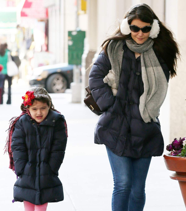 Katie Holmes and daughter Suri Cruise wear matching blue winter jackets on a chilly day in New York City
