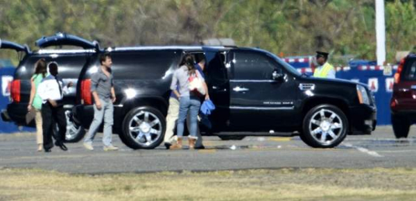 EXCLUSIVE A fleet of vehicles ferry guests from a private airfield to the luxury Caribbean hotel where Matt Damon is renewing his wedding vows