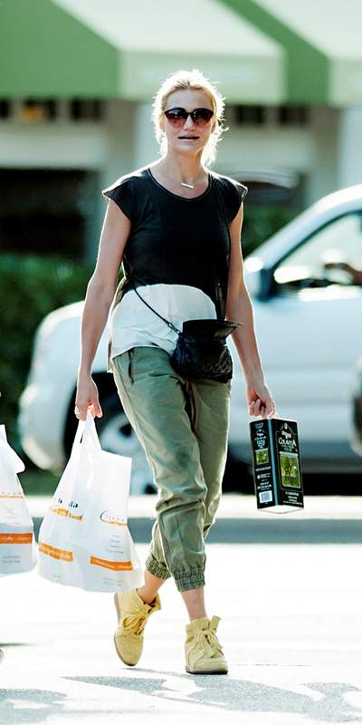 Cameron Diaz seen wearing olive colored trousers and yellow chukka boots while grocery shopping in East Hampton  NY  P Pictured  Cameron Diaz P  B Ref  SPL591467  110813    B  BR  Picture by  Hamptons Style   Splash News BR    P  P  B Splash News and Pict