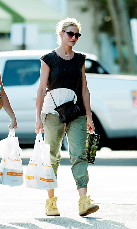 Cameron Diaz seen wearing olive colored trousers and yellow chukka boots while grocery shopping in East Hampton  NY  r P  rPictured  Cameron Diaz r P  B Ref  SPL591467  110813    B  BR   rPicture by  Hamptons Style   Splash News BR   r  P  P  r B Splash N