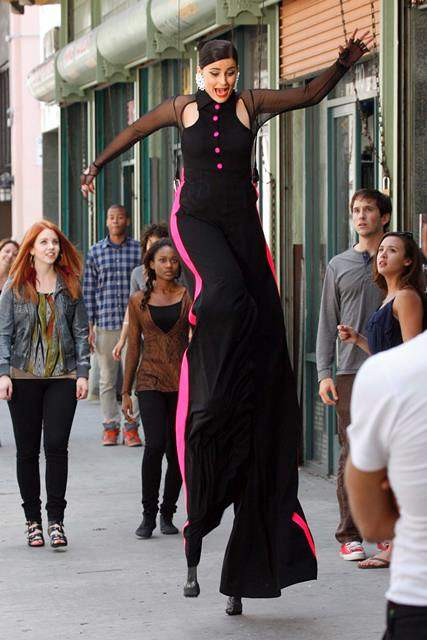 Nelly Furtado almost falls while walking on stilts whilst filming her recent music video in Downtown LA  P Pictured  Nelly Furtado P  B Ref  SPL379156  050412    B  BR  Picture by  Phamous   Splash News BR    P  P  B Splash News and Pictures  B  BR  Los A