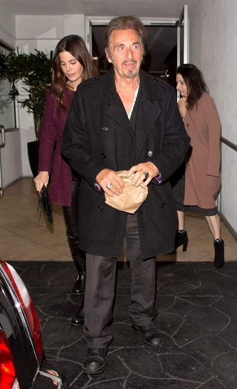Veteran Hollywood Al Pacino and his stunning 33 year old  girlfriend Lucila Sola were seen leaving   E Baldi   Italian Restaurant in Beverly Hills  CA  Al was wearing his new pony tail hair style with a trench coat and black jeans  r P  rPictured  Al Paci