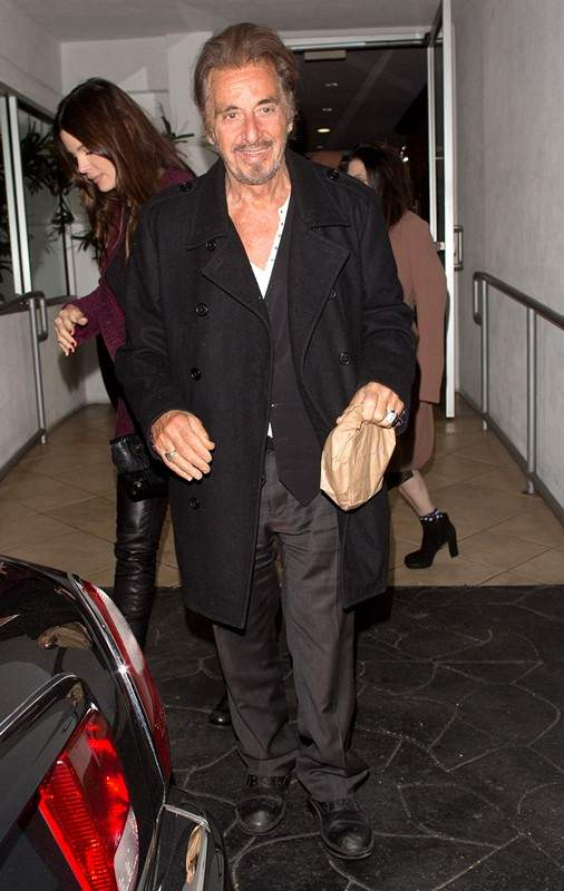 Veteran Hollywood Al Pacino and his stunning 33 year old  girlfriend Lucila Sola were seen leaving   E Baldi   Italian Restaurant in Beverly Hills  CA  Al was wearing his new pony tail hair style with a trench coat and black jeans  r P  rPictured  Al Paci