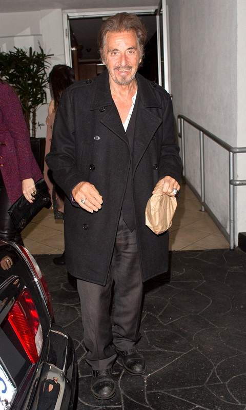 Veteran Hollywood Al Pacino and his stunning 33 year old  girlfriend Lucila Sola were seen leaving   E Baldi   Italian Restaurant in Beverly Hills  CA  Al was wearing his new pony tail hair style with a trench coat and black jeans  P Pictured  Al Pacino L