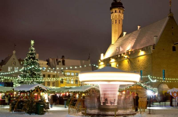 Christmas market at night in Tallinn  Estonia