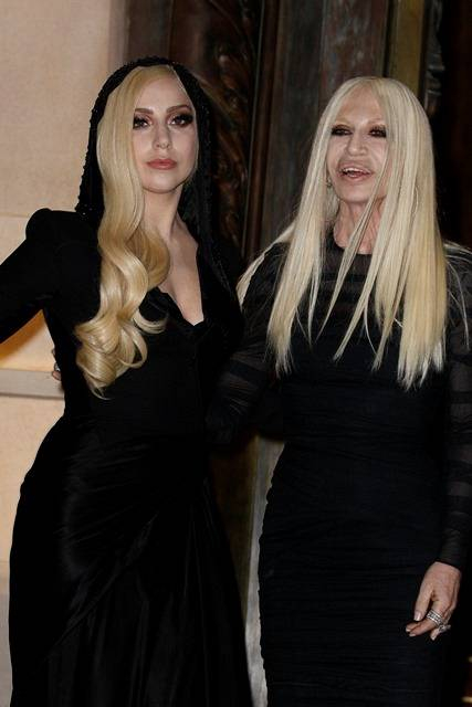Lady Gaga is welcomed by Donatella Versace at the Atelier Versace show