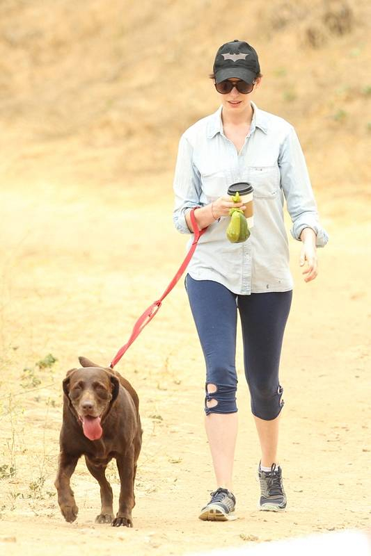 Anne Hathaway cleans up after her pooch