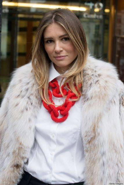 PARIS  FRANCE - JANUARY 21  Fashion contributor for Buro 247 Mirela Srna wears a Prada jacket  Hugo Boss shirt and an Ek Touk necklace day 2 of Paris Haute Couture Fashion Week Spring Summer 2014  on January 21  2014 in Paris  France   Photo by Kirstin Si