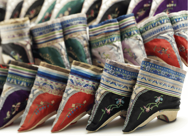 Pairs of shoes for bound feet Embroidered silk and cotton over wood China late 1800s
