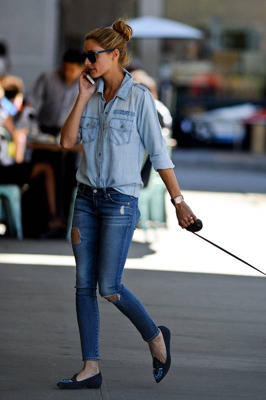 EXCLUSIVE  EXCLUSIVE - 11 19 14 NYC - Olivia Palermo in a chambray monogram   OP   shirt and stylish ripped jeans walks her dog  Mr  Butler in Brooklyn  New York City on Wednesday July  22nd  2015  Credit  Luis Yllanes   Splash News P Pictured  Olivia Pal