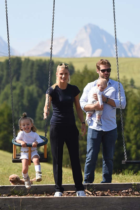 Michelle Hunziker and Tomaso Trussardi are seen on holiday in mountain with their daughters Celeste and Sole in San Cassiano  Italy  r P  rPictured  Michelle Hunziker  Tomaso Trussardi  Celeste Trussardi  Sole Trussardi r B Ref  SPL1098264  090815    B  B