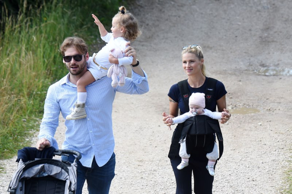 Michelle Hunziker and Tomaso Trussardi are seen on holiday in mountain with their daughters Celeste and Sole Trussardi in San Cassiano  Italy  r P  rPictured  Michelle Hunziker  Tomaso Trussardi  Celeste Trussardi  Sole Trussardi r B Ref  SPL1098272  0908