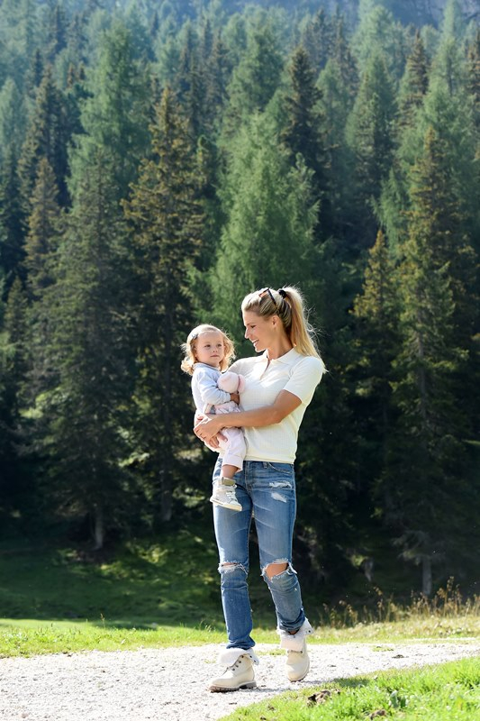 Michelle Hunziker is seen taking a selfie with an horse with Tomaso Trussardi  Celeste Trussardi and Sole Trussardi on August 10  2015 in San Cassiano  Italy  P Pictured  Michelle Hunziker  Sole Trussardi B Ref  SPL1098475  100815    B  BR   Picture by  S