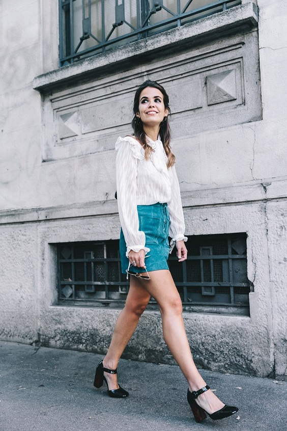 Mini Suede Skirt-Lace Up Skirt-Turquoise-Bow Blouse-Mary Jane Shoes-Topshop-Outfit-Street Style-7-790x1185