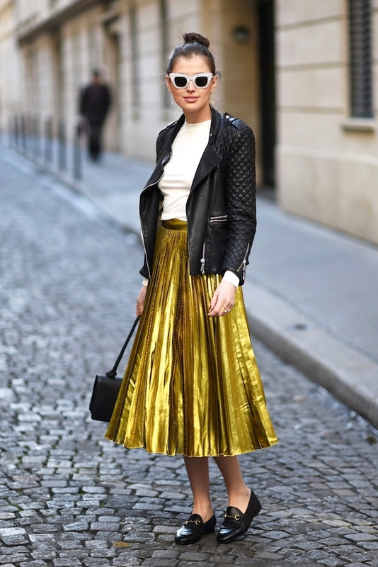 Bloglovin Blog Retro Cat Eye Sunglasses Quilted Sleeve Leather Jacket Off White Sweater Metallic Gucci Gold Pleated Skirt Handbag Loafers Blogger Style Via Darja Barannik
