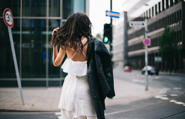 black quilted jacket white pleated skirt outfit street style 4