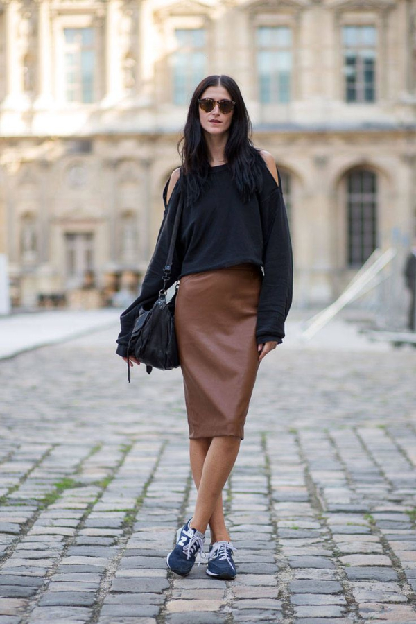 black-leather-pencil-skirt-new-balance-sneakers-open-shoulder-tee-via-harpersbazaar.jpg