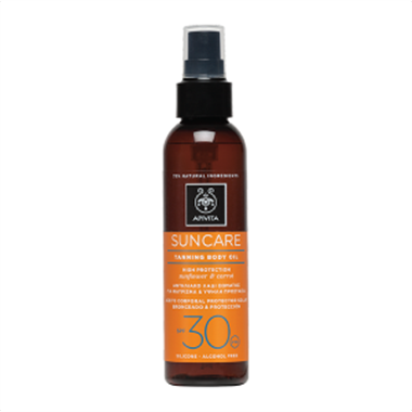 ΑΝΤΗΛΙΑΚΟ ΛΑΔΙ ΣΩΜΑΤΟΣ ΓΙΑ ΜΑΥΡΙΣΜΑ SPF 30 - ΥΨΗΛΗ ΠΡΟΣΤΑΣΙΑ - ΜΕ ΗΛΙΑΝΘΟ & ΚΑΡΟΤΟ, APIVITA