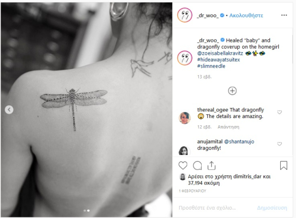 Το άλλο τατουάζ είναι μια λιβελούλα, η οποία αντικατέστησε μερικά αραβικά γράμματα που είχε η Kravitz σε εκείνο το σημείο.