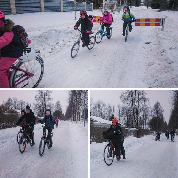 Τα παιδιά στη Φινλανδία πηγαίνοντας στο σχολείο με τα ποδήλατά τους
